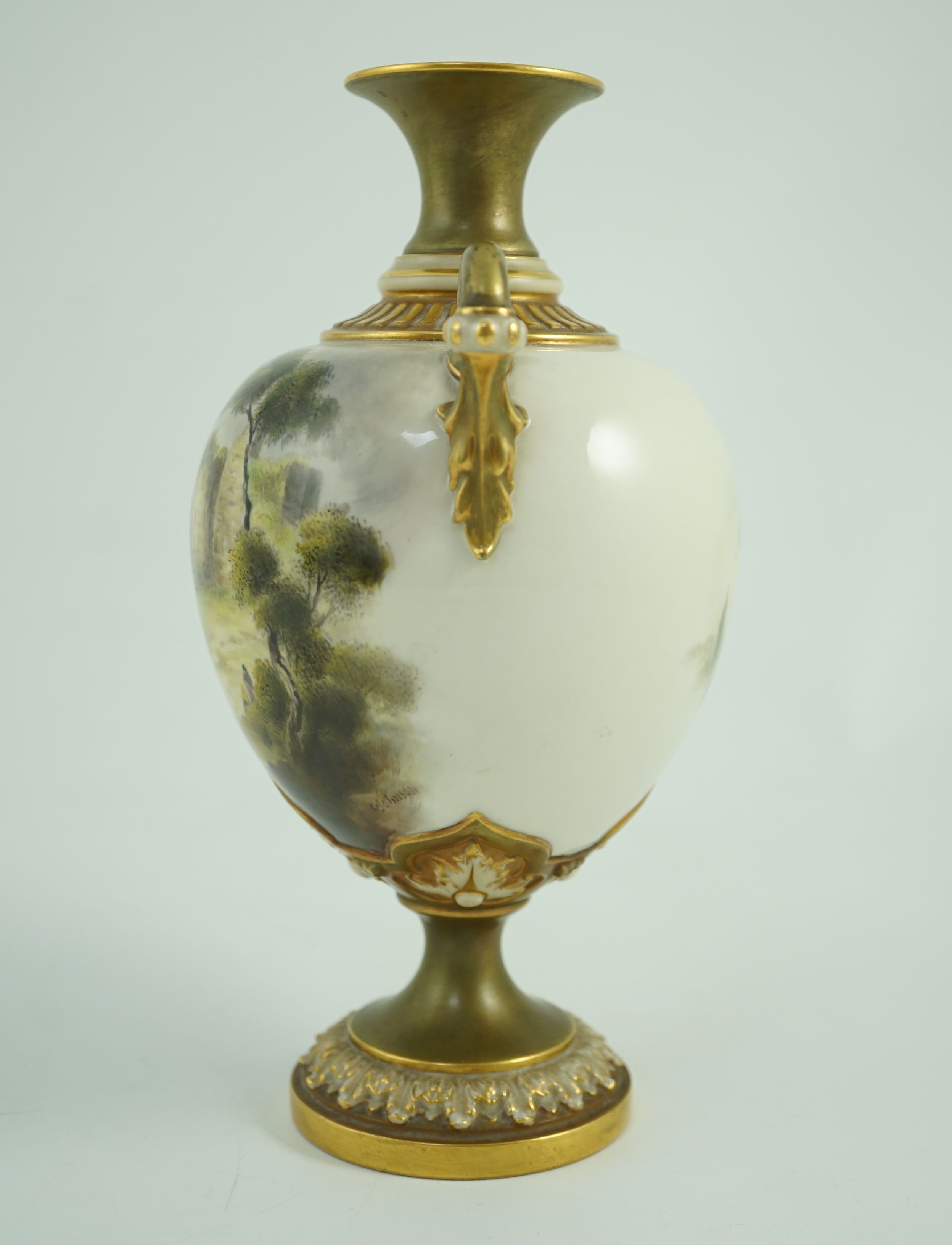 A Royal Worcester two handled vase painted with Caerphilly Castle by C. Johnson, c.1912, 21.5cm tall